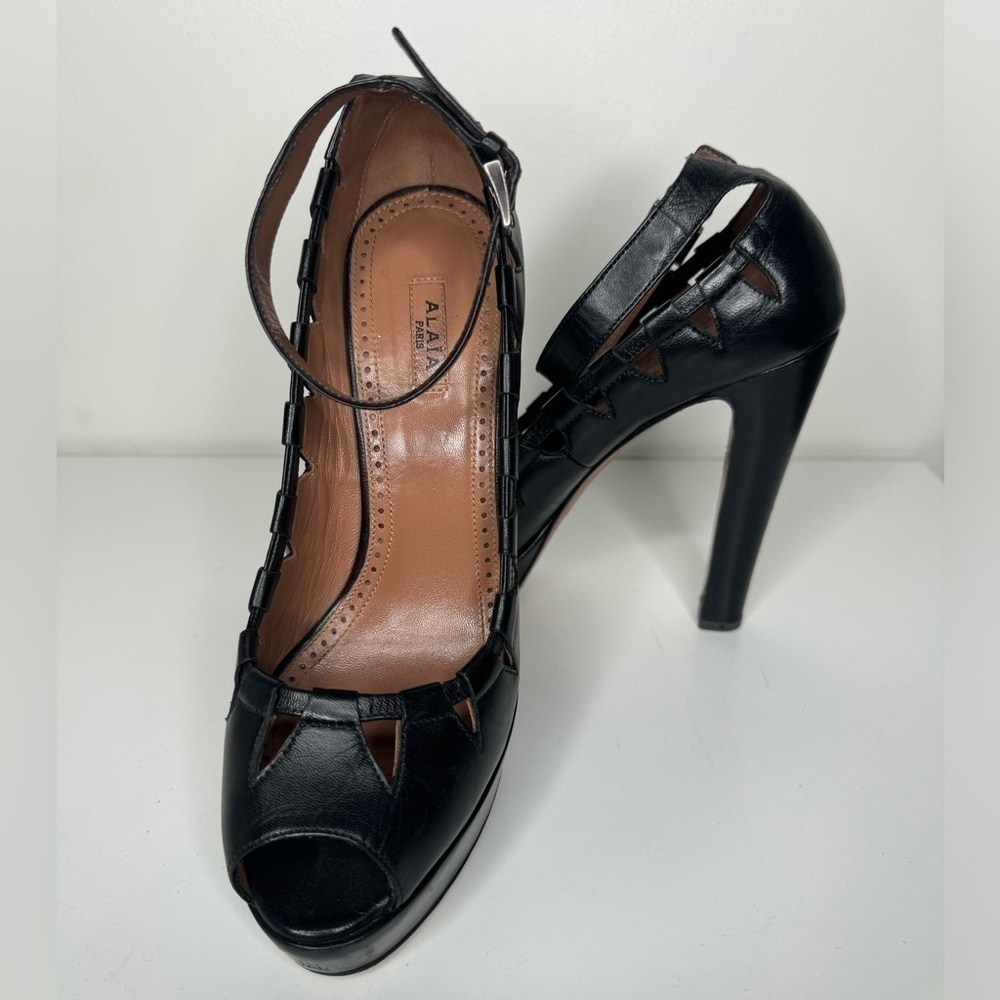 Alaia Platform Black Leather Ankle-Strap Heels - Size 38